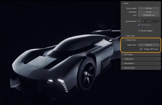 The image shows a sleek, futuristic-looking car rendered in a high-quality, dark gray or silver color. The car is positioned in the center of the frame against a stark black background. The car's design is angular and aerodynamic, with a pointed nose and a long, low profile. It features a large front grille and a promi