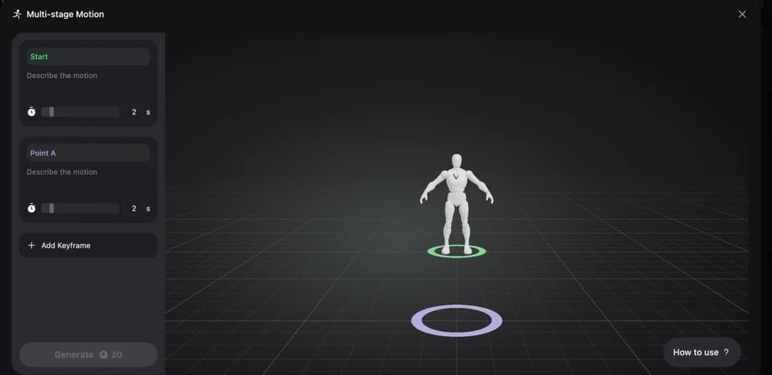 The image presents a scene from a 3D modeling software interface, likely for creating 3D models. The interface is set against a dark gray background, providing a stark contrast to the white and light green elements. At the top, a title bar displays "Multi-stage Motion", indicating the software's purpose. Below the titl