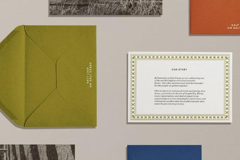 The image presents a collection of design elements arranged on a light beige background. Dominating the center is a green envelope with the text "Salt Lick on Salt Creek" printed on it. To the right of the envelope, a white card with a gold border displays the text "Our Story" and a poem titled "Salt Lick on Salt Creek