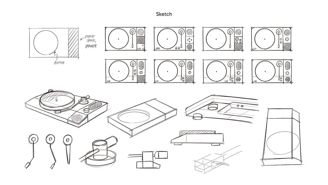 The image presents a collection of sketches and drawings, primarily focused on a turntable and related components. The sketches are primarily in black and white, with some lines in shades of gray. The turntable is depicted in various stages of design, including a basic outline, a more detailed view, and a final, more c