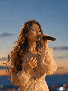 The image shows a young woman with long, light brown hair singing into a microphone. She is wearing a light beige or cream-colored dress with long sleeves and a v-neck. The woman is positioned in the center of the frame, with the microphone directed towards her mouth, suggesting she is singing. The background is a blur