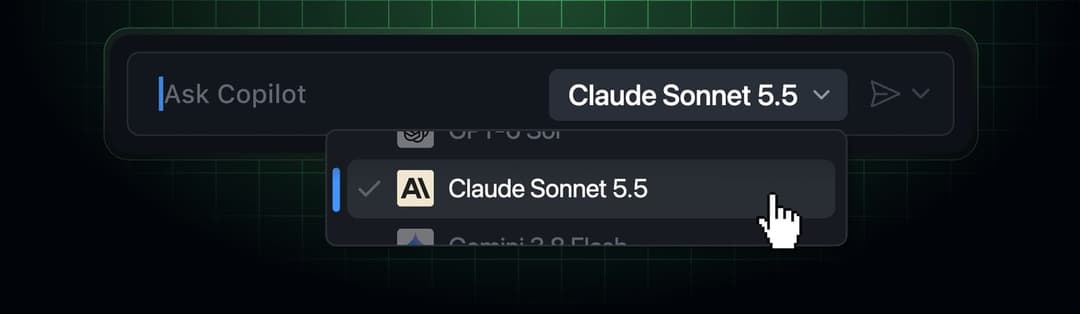 The image shows a dark gray or black computer screen displaying a dark green grid background. On the left side, a blue button labeled "Ask Copilot" is visible. On the right side, a dark gray or black button labeled "Claude Sonnet 5.5" is shown. A white cursor is hovering over the "Claude Sonnet 5.5" button, suggesting