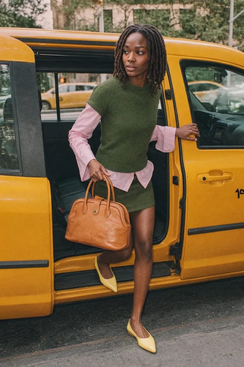 A young woman with dark brown skin and dark brown, curly hair is stepping out of a vibrant yellow taxi cab on a city street. She is wearing a green sweater, a pink shirt, and a short skirt, and is carrying a brown leather handbag. Her yellow shoes add a pop of color to the scene. The background includes a portion of a