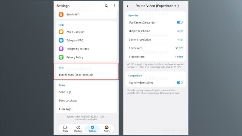 The image shows two smartphone screens, likely from an Android device, displaying settings for a "Round Video (Experimental)" app. The left screen shows the settings menu, while the right screen displays the "Round Video (Experimental)" settings. The left screen shows the "Beta" settings, which are currently set to "Ro