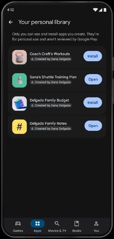 The image shows a smartphone screen displaying a list of apps organized into categories. The top section of the screen shows a list of apps, including "Coach Craft's Workouts", "Sana's Shuttle Training Plan", "Delgado Family Budget", and "Delgado Family Notes". The bottom section of the screen displays the app categori