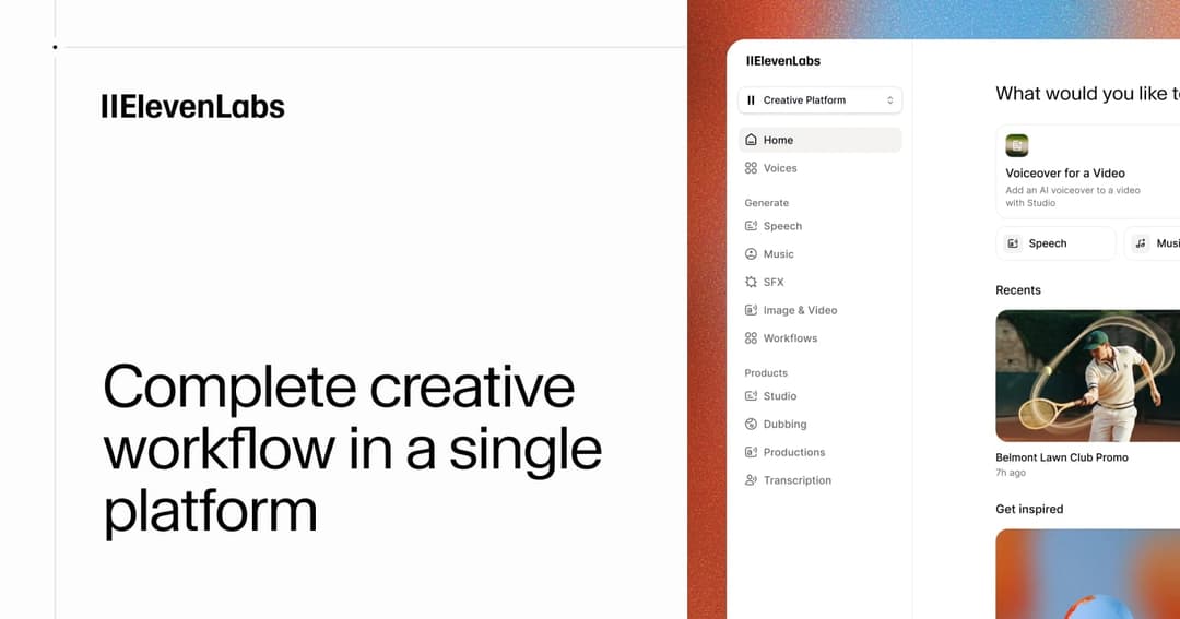 The image showcases the website of Eleven Labs, a creative platform. The website's header displays the name "II Eleven Labs" in a clean, white font. The main content area features a clean, white background with black text that reads "Complete creative workflow in a single platform". The website is divided into sections