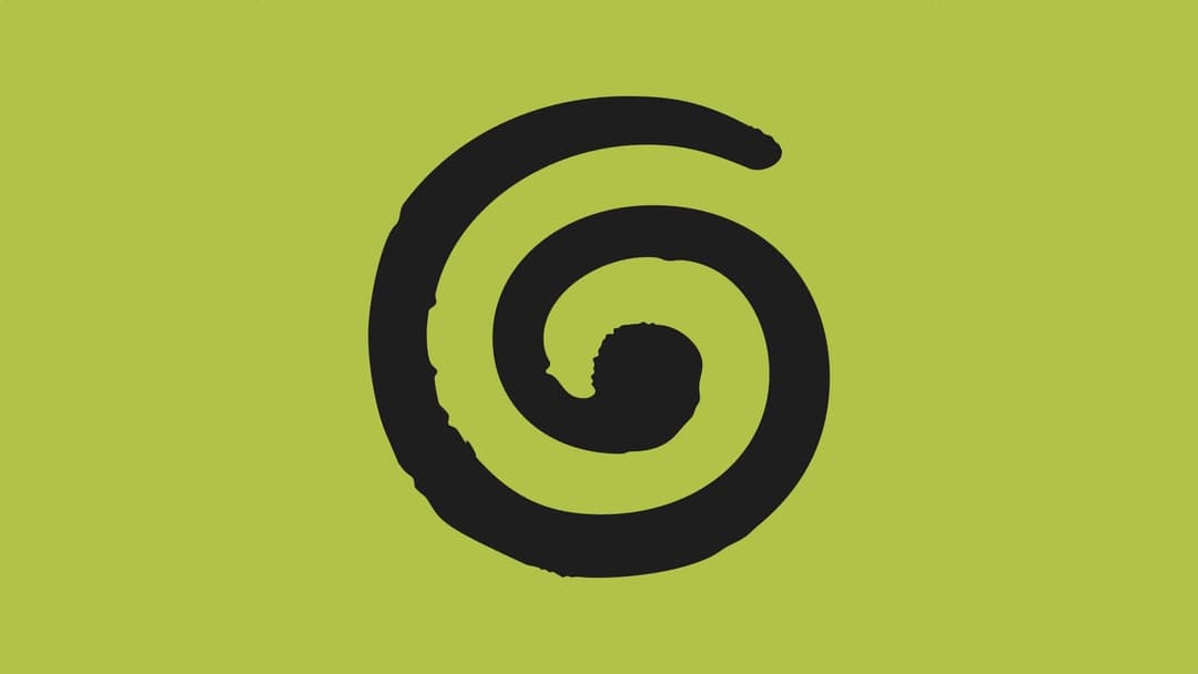 A black spiral shape on a solid olive-green background, with no visible text or logo.