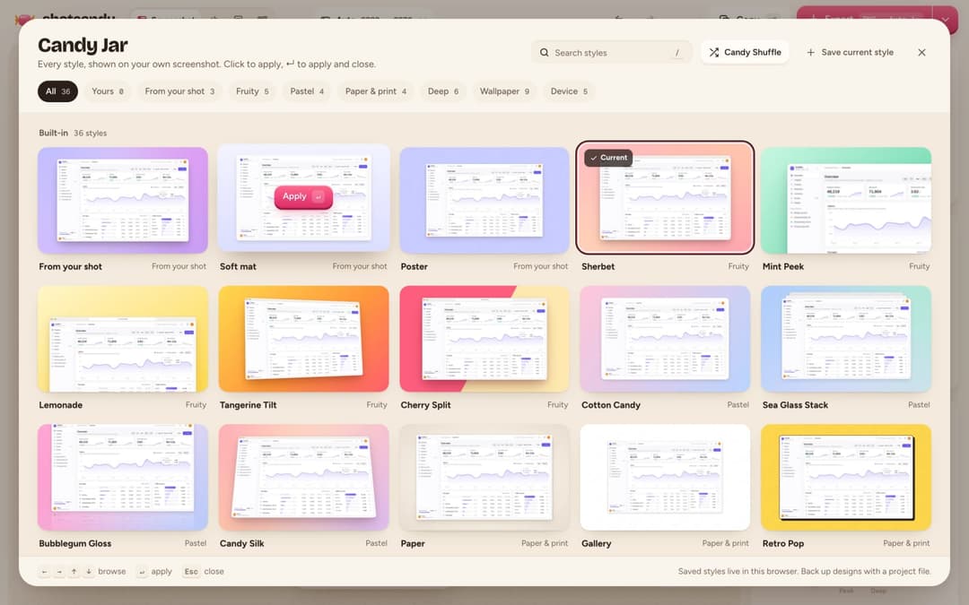 The image presents a screenshot of a Candy Jar app, showcasing a variety of built-in 36 styles. The app is organized into a grid of six rows and three columns, each displaying a different style. The styles include Bubblegum Gloss, Lemonade, Tangerine Tilt, Cherry Split, Cotton Candy, and Sea Glass Stack. Each style is