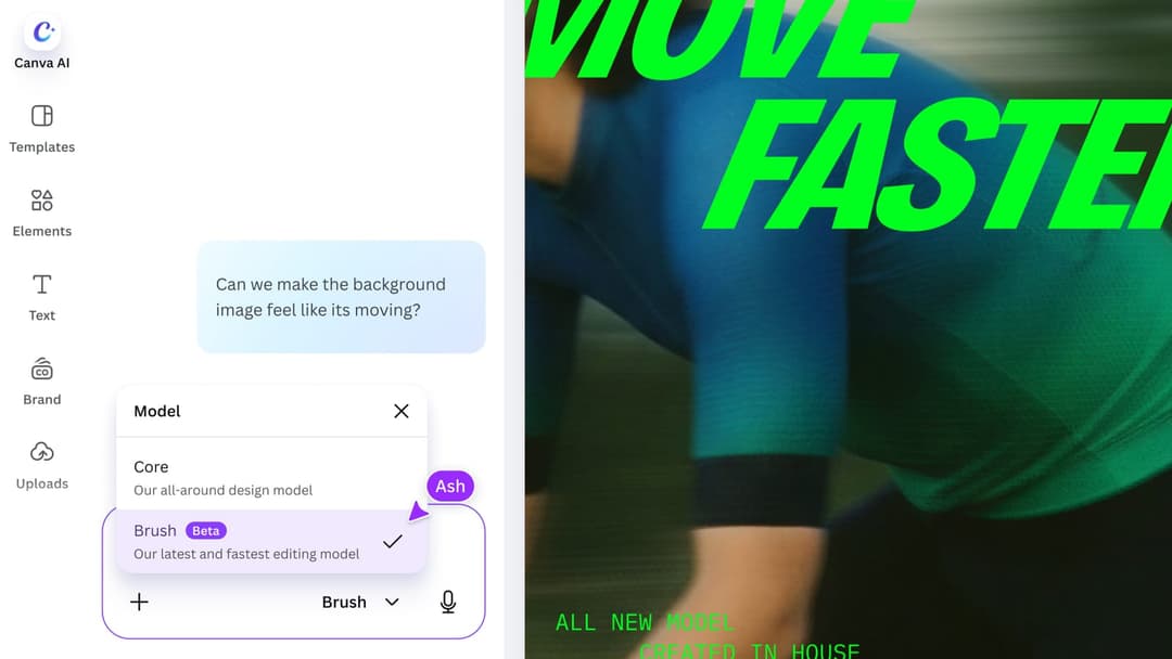 A Canva AI chat panel shows a 'Model' selector with 'Core' and 'Brush (Beta)' options, with Brush selected. On the right, a blurred athletic image has large neon-green text reading 'MOVE FASTER' and 'ALL NEW MODEL CREATED IN HOUSE'.