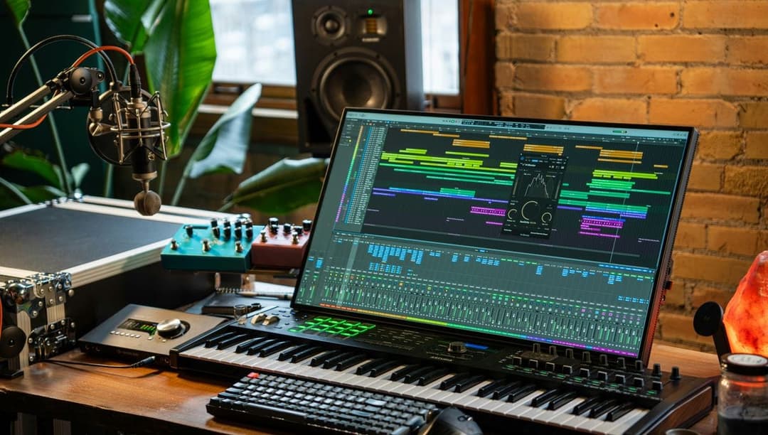 The image depicts a home recording studio setup. A large black monitor dominates the scene, displaying a vibrant music production software interface with a variety of colorful graphs and charts. To the left of the monitor, a black keyboard and a red MIDI controller are positioned, ready for use. A microphone is positio