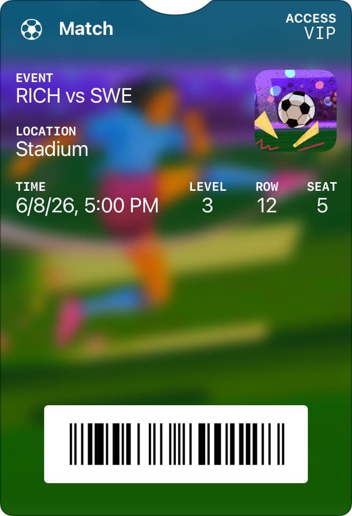 The image shows a match ticket for a soccer game between the teams "RICH" and "SWE". The ticket is for a match on Saturday, August 26th at 5:00 PM at the "Stadium". The match is between the "RICH" and "SWE" teams. The ticket displays the time, level, row, and seat numbers. The ticket also features a barcode and a logo