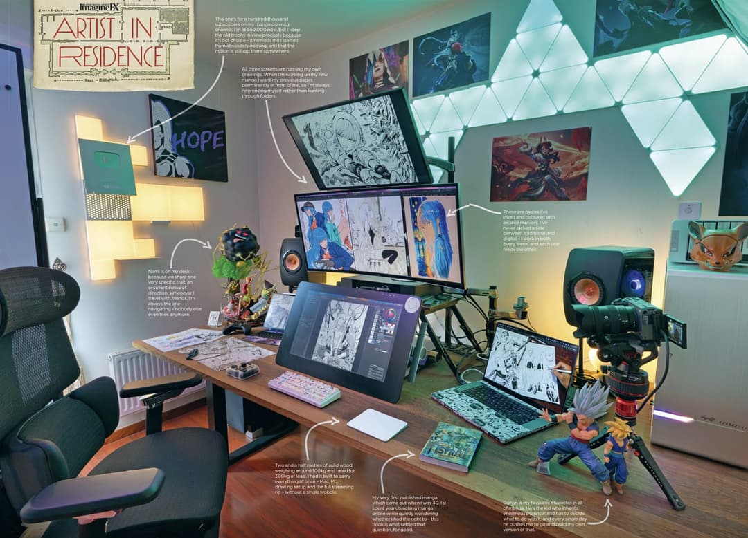The image depicts a home office setup, featuring a wooden desk with a laptop, a desktop computer with multiple monitors, and a large monitor displaying a manga-style image. A small figurine of Goku from the Dragon Ball Z anime series is positioned on the desk. The room is illuminated by a combination of natural light a