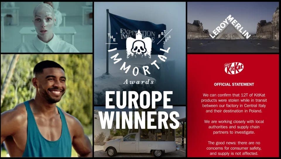 A collage for The Immortal Awards Europe Winners, with a woman's face in a bright, cool-toned frame, a smiling man in a teal tank top, the Louvre pyramid with a LEROY MERLIN overlay, a white van, and a red KitKat 'Official Statement' panel about stolen products. Visible text includes 'EUROPE WINNERS', 'The Immortal Awa