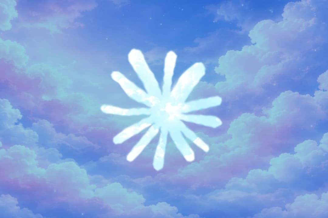 A white, glowing, cloud-textured starburst shape sits over a blue sky filled with pastel purple and teal clouds. No text or logo is visible.