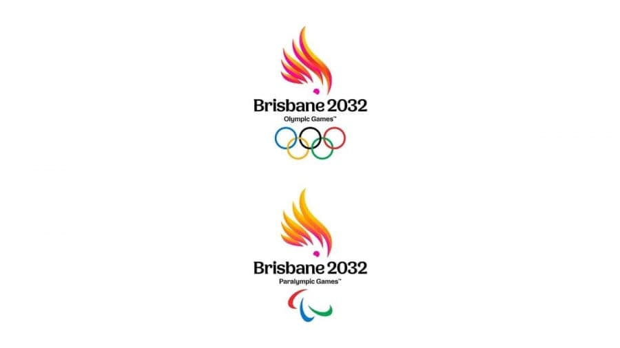 The image presents two distinct logos, each representing the 2032 Olympic Games in Brisbane, Australia. The logos are arranged vertically, with the top logo on the left and the bottom logo on the right. The top logo features a stylized flame design in red, orange, and yellow, with the Olympic rings in blue, green, and