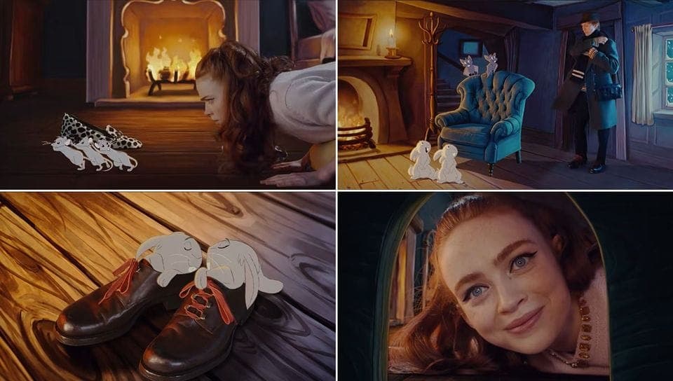 A four-panel collage of film stills: a red-haired girl leaning toward a fireplace with three white mice, a blue armchair with two white rabbits and a man in a long coat, two rabbits resting on brown leather shoes, and a smiling red-haired woman in an arched frame. No legible text or brand is visible.