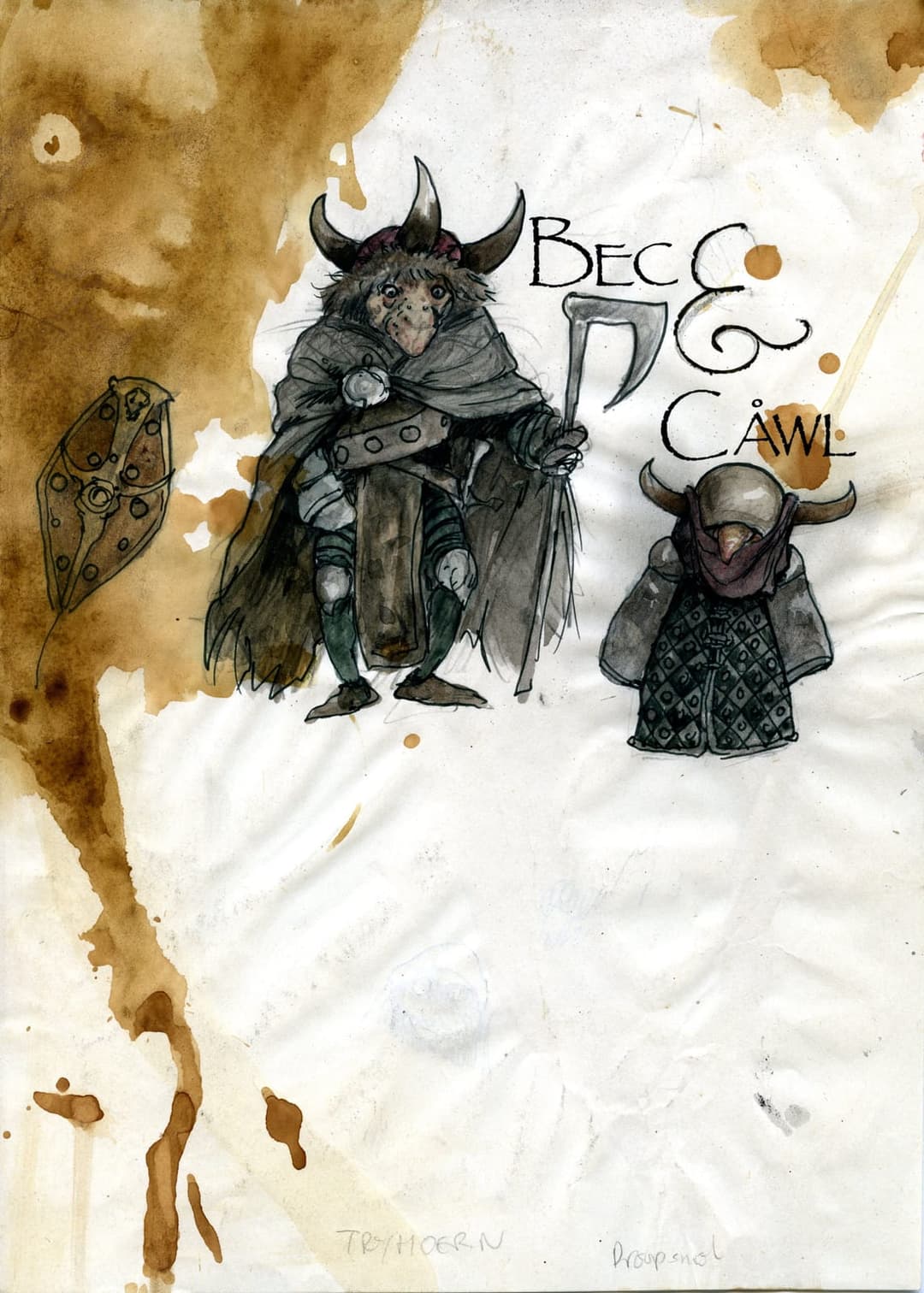 The image depicts a medieval-themed illustration featuring two characters, one larger and one smaller, both with horns and wearing dark-colored clothing. The larger character is holding a scythe, while the smaller character is holding a shield. The illustration is set against a background of brown stains, possibly coff