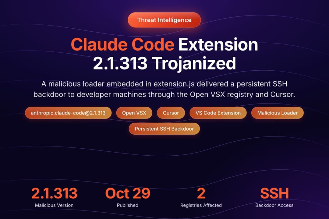 The image is a screenshot of a webpage displaying information about the "Claude Code Extension 2.1.313 Trojanized". The webpage has a dark purple background with a subtle wave-like pattern. The title "Threat Intelligence" is displayed in a light orange/red color at the top. The main content of the webpage is a list of