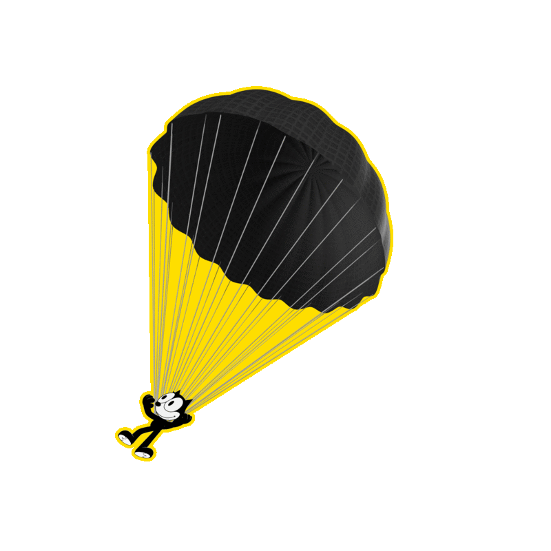 The image depicts a cartoon character, resembling the iconic black and white cat character Felix the Cat, suspended in mid-air by a black parachute with a yellow outline. The parachute is open, and the cat is positioned below it, appearing to be in the process of falling. The entire scene is set against a stark black b