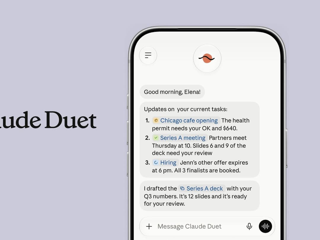 The image shows a smartphone displaying a text message conversation. The conversation is between Claude Duet and Elena, with the message being "Good morning, Elena! Updates on your current tasks:". The first update is about a Chicago cafe opening needing an OK and $640 permit. The second update is about a Series A meet