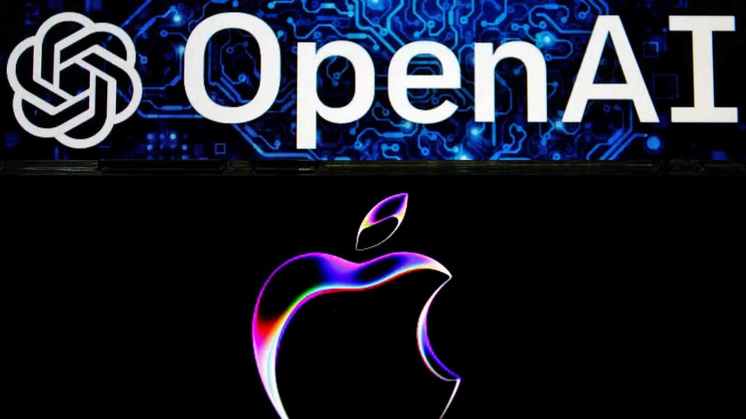 The image features the Apple logo, a stylized apple with a gradient of colors, prominently displayed against a black background. Above the logo, the word "OpenAI" is written in white letters, with a stylized circuit board design in shades of blue and white behind it. The circuit board design is not a simple grid of squ