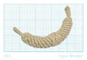 The image presents a single, light beige rope fender, coiled neatly in a semi-circle against a light blue grid background. The rope fender is tied in a simple knot at the center, with a small loop at the top. The rope fender is labeled with the number 151 and the word "rope fender" at the bottom.