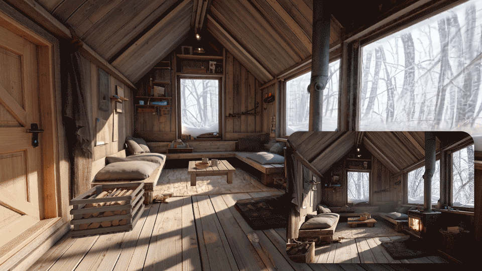 The image depicts a cozy cabin nestled in a snowy forest. The cabin is constructed from wood, giving it a rustic charm. The cabin features a sloping roof and large windows that offer a view of the snowy forest. The cabin is furnished with a sofa, a coffee table, and a fireplace, creating a warm and inviting atmosphere.