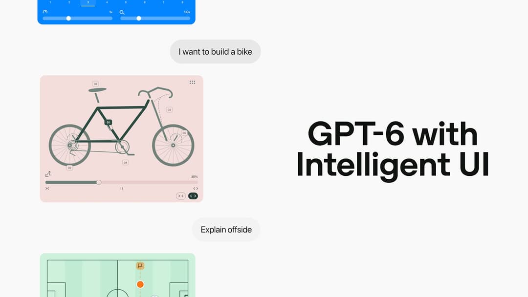 The image presents a user interface (UI) showcasing a conversation between a user and a chatbot. The chatbot, identified as "GPT-6 with Intelligent UI", is a black text box with white text that reads "GPT-6 with Intelligent UI". The user, whose name is "I want to build a bike", has typed "I want to build a bike" into t