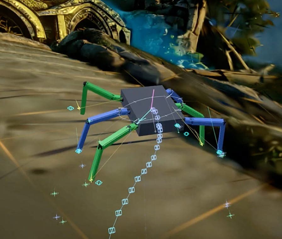 The image shows a 3D model of a spider-like creature with a black body and green legs, positioned on a gray surface. The creature is composed of multiple legs and joints, and is oriented towards the right side of the image. The surface appears to be a part of a larger environment, possibly a video game or virtual world