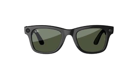 The image presents a pair of black Rayban sunglasses with a distinctive design. The sunglasses have a black frame and a black lens, with a small camera lens on the right side of the frame. The Rayban logo is visible on the left lens. The sunglasses are set against a solid green background.