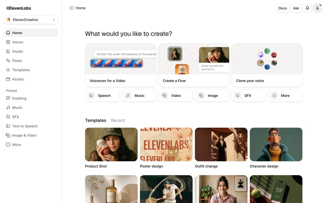 The image shows a screenshot of the Eleven Labs app, which is part of the Creative Studio app. The app features a clean, white background with a dark gray header. The app's interface is organized into a grid of six columns and three rows, each containing a different section. The top row displays the search bar, "Home",