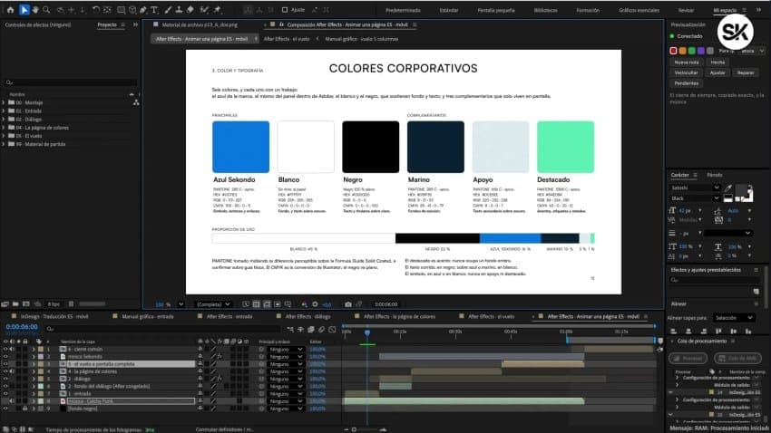 The image shows a screenshot of a video editing software interface, likely Adobe Premiere, displaying a color palette and timeline. The software interface is primarily dark gray and black, with a white background. The color palette is organized into five sections: "Primer", "Complejos", "Marino", "Apojo", and "Destacad
