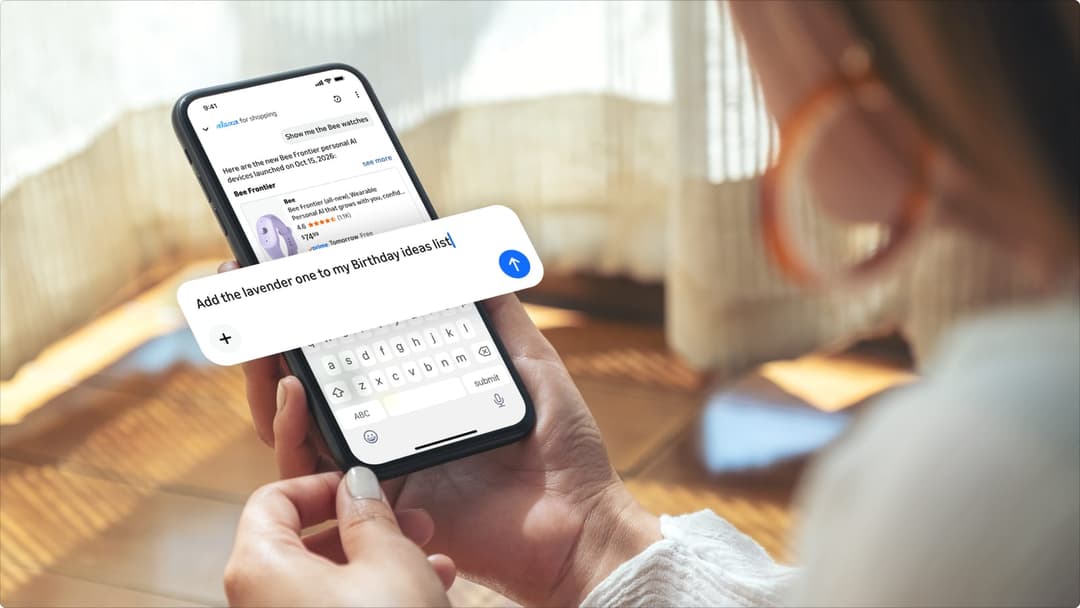 The image shows a person's hands holding a black smartphone. The phone's screen displays a shopping app, with the word "shopping" visible. The app shows a product listing for a "Bee Brighter" item, with a rating of 4.5 stars and a price of $14.99. The listing also includes a description of the product and a "Today's Fr