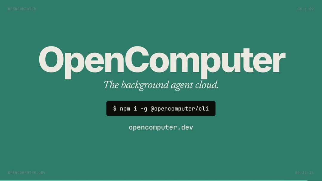 The image is a screenshot of the OpenComputer website. The website has a green background and features white text that reads "OpenComputer" in a large, bold font. Below the title, a smaller line of text reads "The background agent cloud." The website also includes a navigation bar with the text "OPENCOMPUTER" at the to