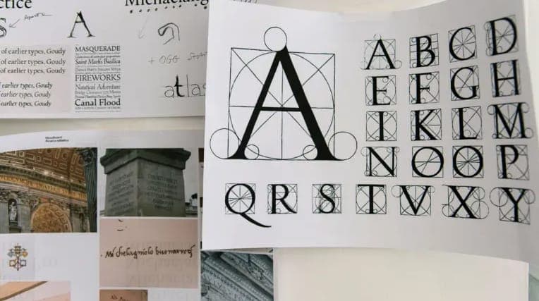 The image shows a collection of design elements related to typography, including a large black letter "A" in the center, surrounded by a geometric pattern. The letter is part of a larger design that incorporates the golden ratio. To the left, a white sheet displays various examples of lettering styles, including "Masqu