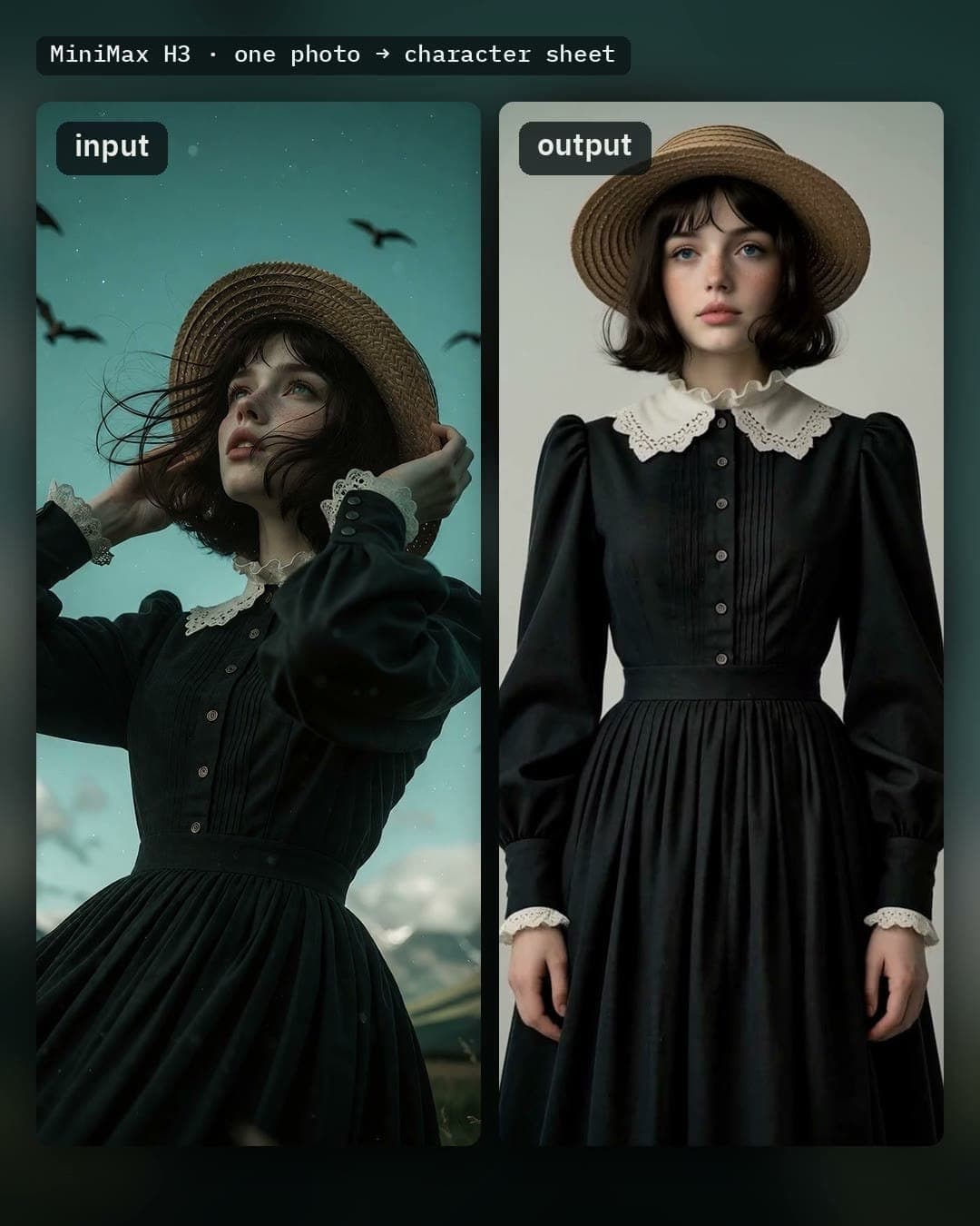 Side-by-side comparison labeled "MiniMax H3 · one photo → character sheet", with an "input" photo of a woman in a black dress and straw hat under a teal sky with birds, and an "output" studio-style portrait of the same outfit on a grey background.