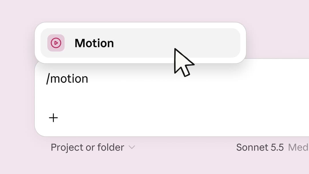 The image shows a screenshot of a mobile device interface. The background is a light pink color. At the top, a white rectangular box contains the word "Motion" in a pink font. Below the box, a black cursor is hovering over the text, pointing to the word "Motion". The box also contains a plus sign (+) and a space. Furth