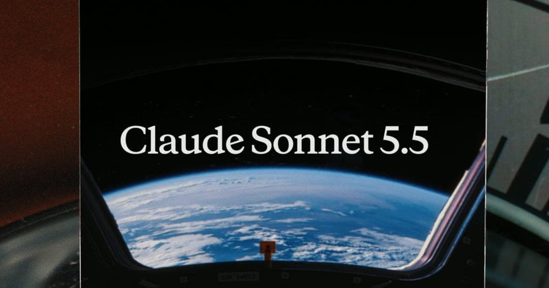 The image shows a view of Earth from space, with the planet's blue and white surface visible against the black backdrop of space. The perspective is from inside a spacecraft, as indicated by the visible window frame. The text "Claude Sonnet 5.5" is prominently displayed in white letters on the black background. The ima