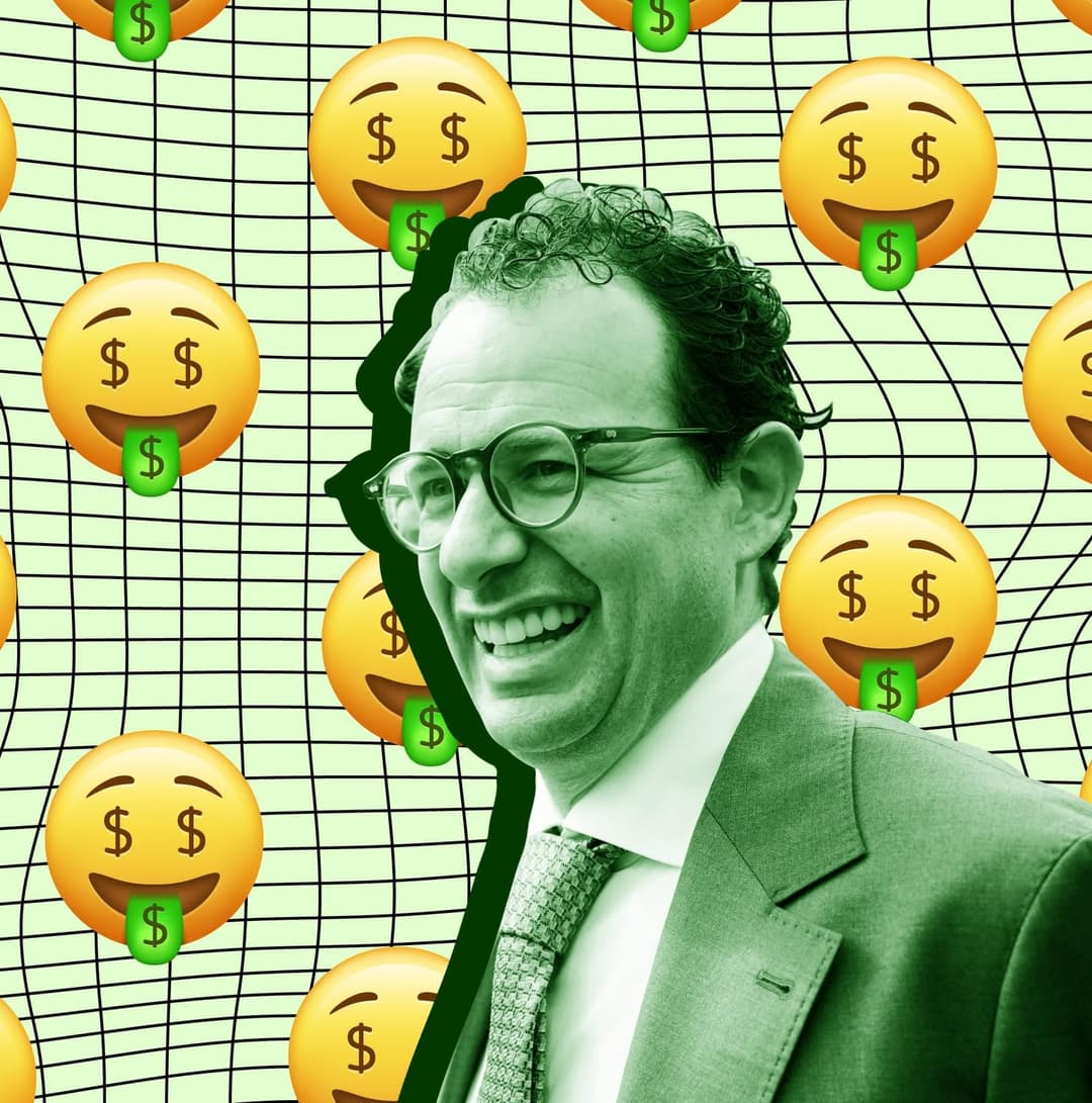 A smiling man with glasses, shown in a green-tinted duotone, sits in front of a grid background decorated with money-mouth face emojis that have dollar-sign eyes and green dollar-sign tongues.