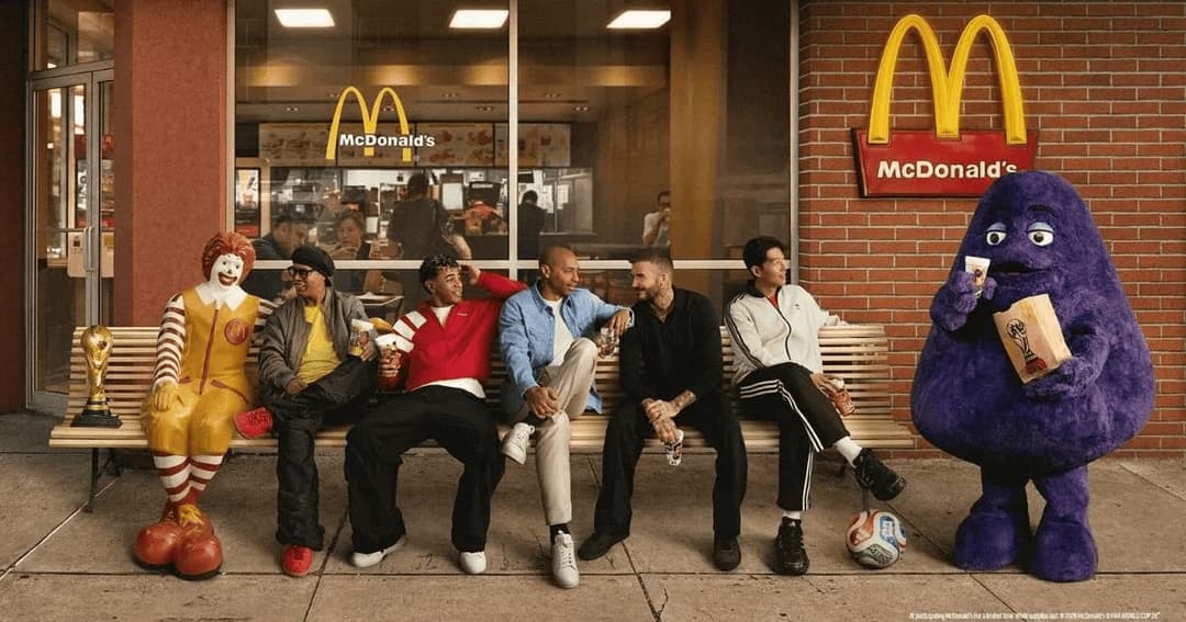 The image shows a group of six individuals, including two clowns, a man in a red and white striped shirt, a man in a blue jacket, a man in a black jacket, and a man in a white jacket, sitting on a bench in front of a McDonald's restaurant. The McDonald's logo is prominently displayed on the brick building behind them.