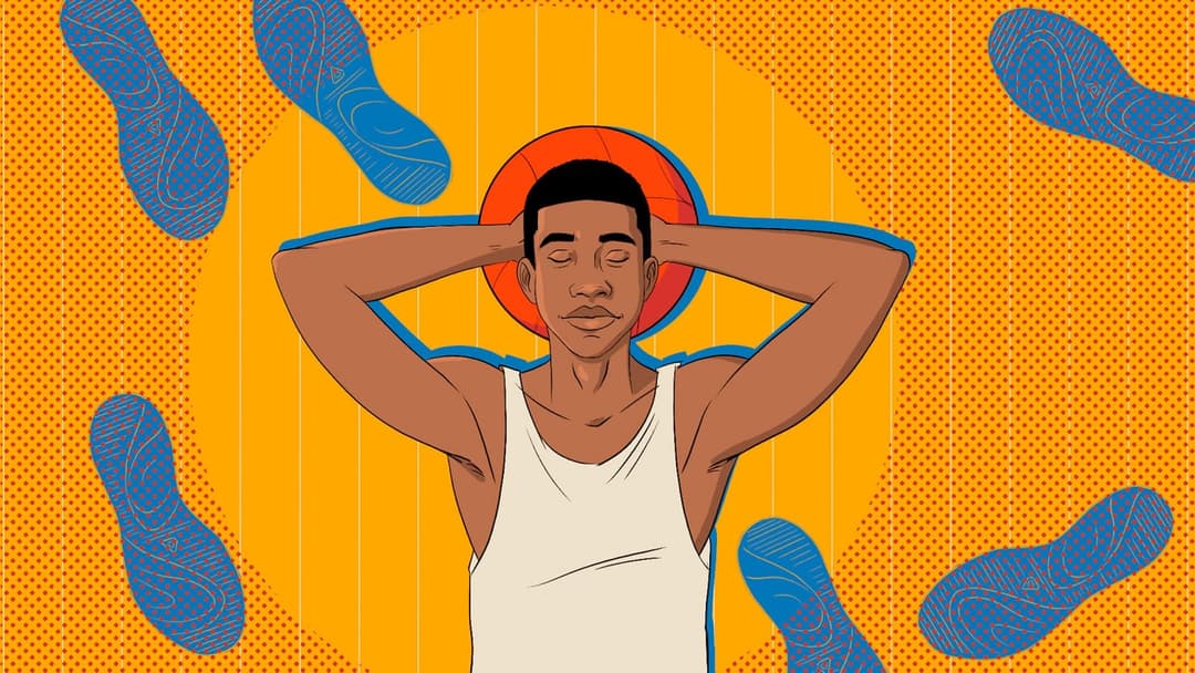 The image depicts a young man with dark skin and short hair, wearing a white tank top, lying on his back with his arms behind his head and his eyes closed. He is positioned centrally in the image, with his head resting on a red circle that is surrounded by a yellow background with a dotted pattern. The background also
