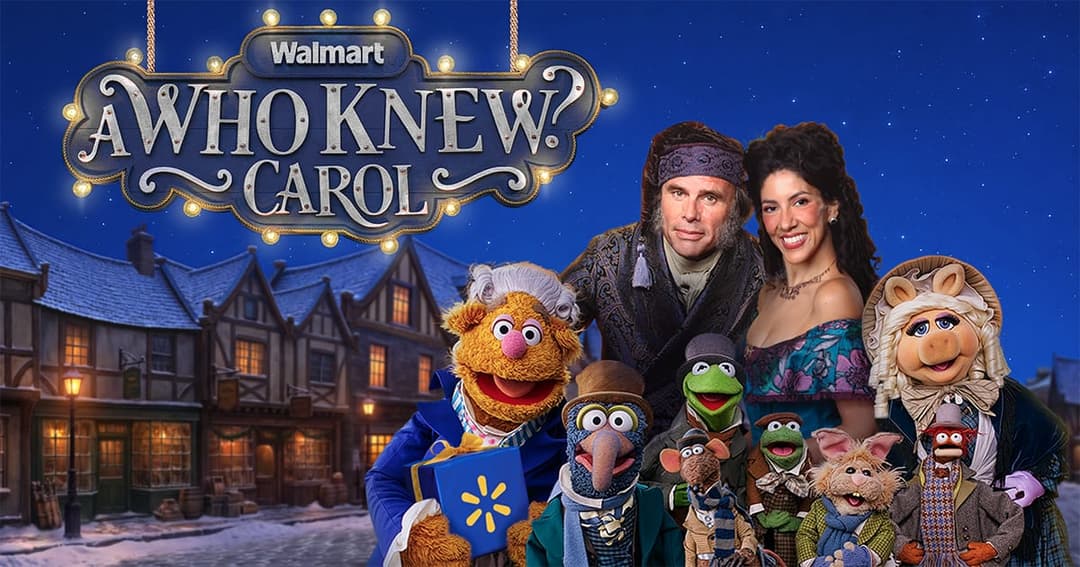 The image is a promotional poster for the movie "Who Knew Carol?". The title is prominently displayed in a stylized font at the top of the image. The poster features a group of Muppet characters, including Kermit the Frog, Miss Piggy, Fozzie, and Gonzo, standing in front of a charming, two-story building with a steep r