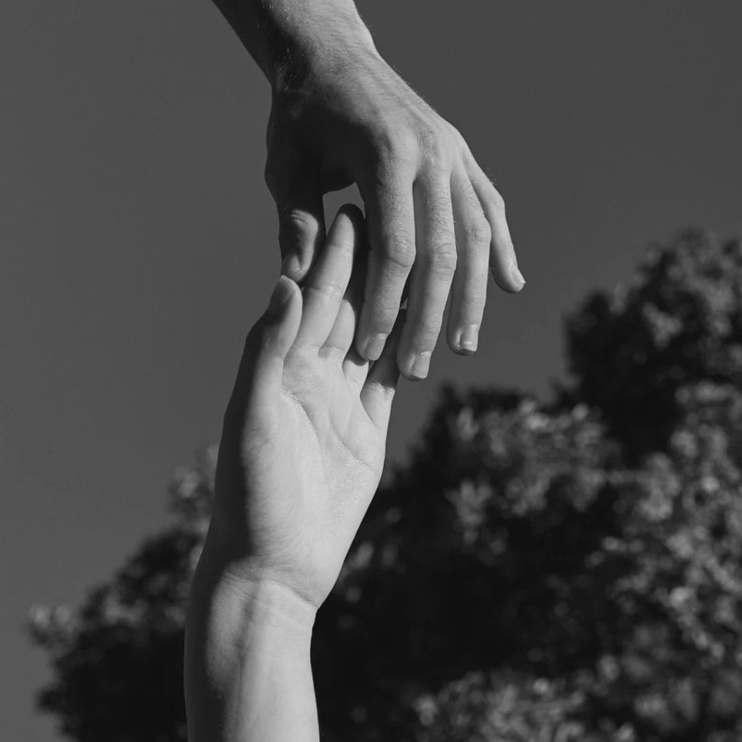 This black and white photograph captures two hands reaching upwards against a backdrop of trees. The hand on the left is slightly larger and positioned lower than the hand on the right, which is slightly smaller and positioned higher. The hands are positioned in a way that suggests they are reaching for something, but