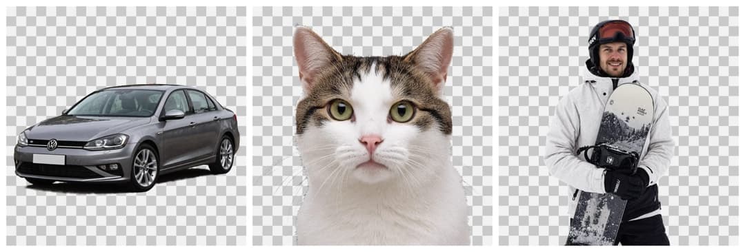 The image presents a collage of three distinct elements. On the left, a gray Volkswagen Golf car is shown, with its front end facing the viewer. In the center, a white and brown cat with piercing green eyes is captured in a close-up shot. On the right, a man dressed in a white jacket and black pants is holding a snowbo