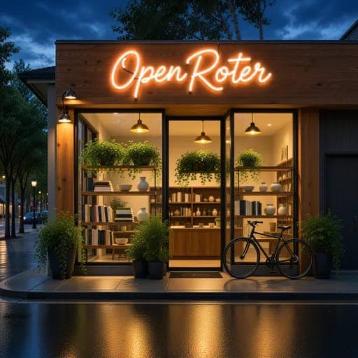The image depicts a wooden storefront named "Open Roter" at night. The store's name is illuminated in neon orange letters on the front of the building. The storefront features large windows that display an array of books and decorative items, including potted plants and vases. A black bicycle is parked in front of the