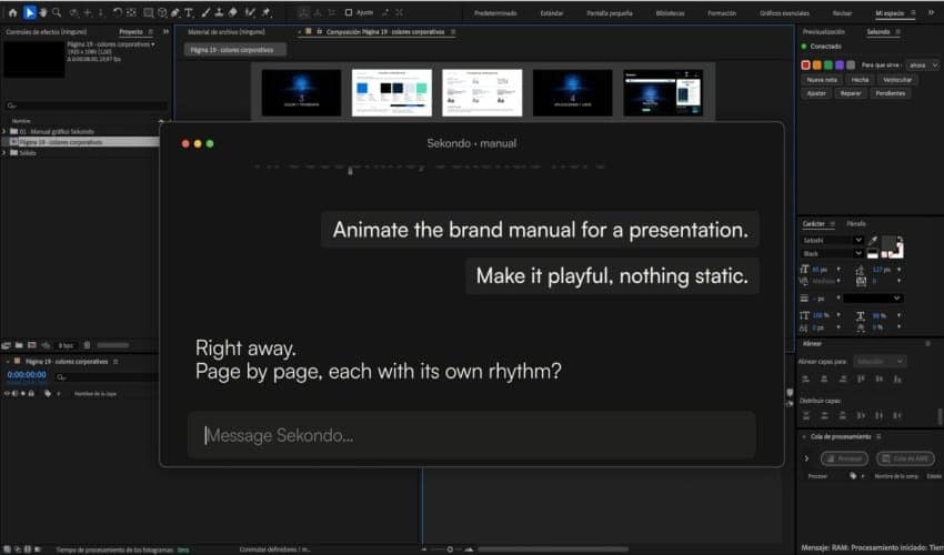 The image shows a screenshot of a video editing software interface, likely Adobe Premiere, with a focus on a dialog box. The dialog box contains text in Spanish, instructing the user to "Animation the brand manual for a presentation. Make it playful, nothing static." The dialog box also includes a message that reads "R