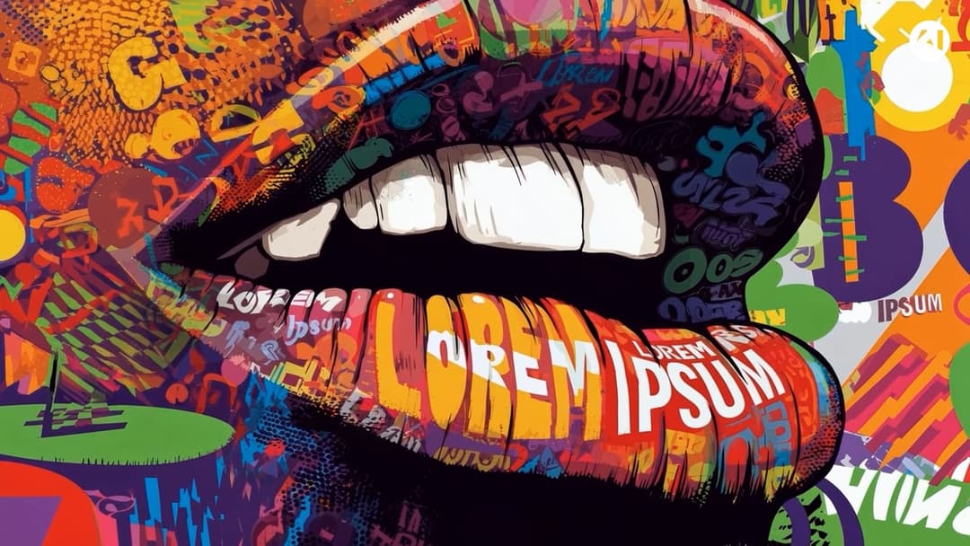 The image presents a vibrant and colorful illustration of a person's face, with the mouth and lips as the central focus. The lips are painted in bold shades of red and orange, and the teeth are white. The face is adorned with a multitude of colorful graffiti-style elements, including text and shapes, creating a texture