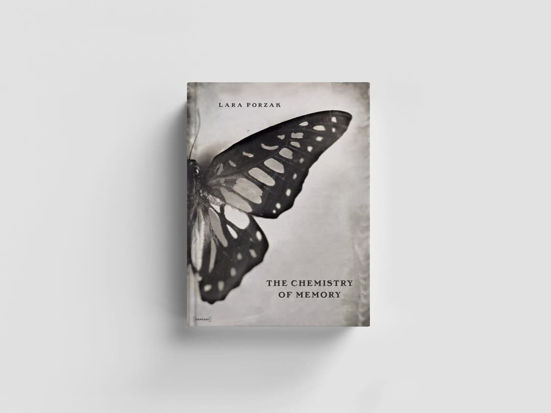 The image shows the cover of a book titled "The Chemistry of Memory" by Lara Porzak. The cover features a black and white photograph of a butterfly with intricate patterns on its wings, positioned slightly off-center. The title of the book is written in a dark gray or black font, and the author's name is displayed in a