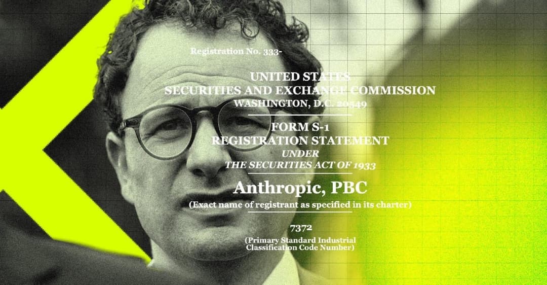 A black-and-white portrait of a smiling man with a lime-green chevron on the right, overlaid with text from an SEC Form S-1 registration statement, including "UNITED STATES SECURITIES AND EXCHANGE COMMISSION", "FORM S-1 REGISTRATION STATEMENT", "Anthropic, PBC", and "7372".