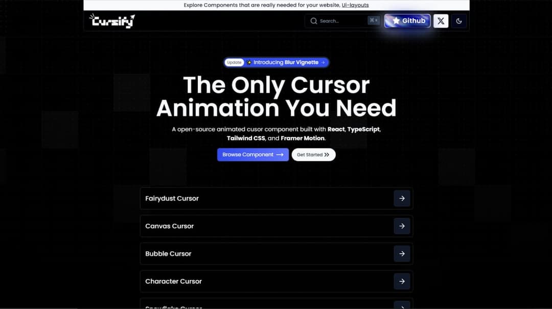The image shows a webpage for an animation library called "The Only Cursor Animation You Need". The webpage has a black background with white text and a white header at the top. The main content area is a dark gray/black rectangle with white text. The text includes the library's name, "The Only Cursor Animation You Nee